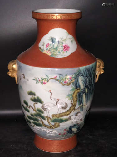 A LANDSCAPE PATTERN DOUBLE-EAR FAMILLE ROSE VASE