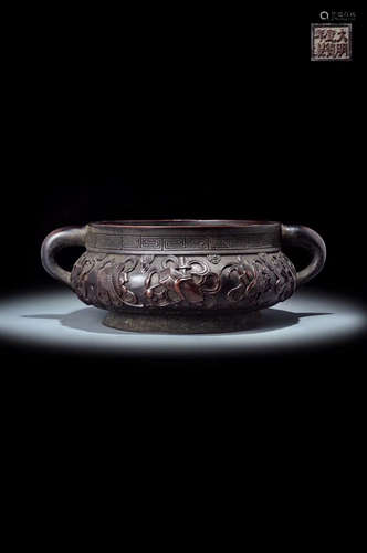 14-16TH CENTURY, A BRONZE STORY DESIGN DOUBLE-EAR FURNACE, MING DYNASTY