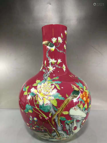 A BIRD&FLORAL PATTERN CARMINE GLAZED GLOBULAR VASE