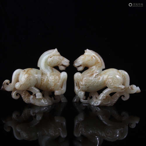 206BC-220AD, A PAIR OF OLD HETIAN JADE HORSE DESIGN ORNAMENTS, HAN DYNASTY