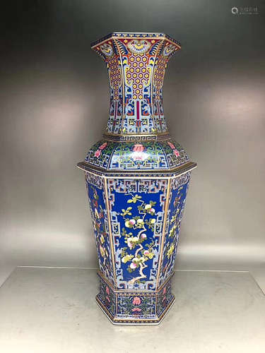 17-19TH CENTURY, A FRUIT PATTERN ENAMEL SIX-ARRISES DESIGN VASE, QING DYNASTY