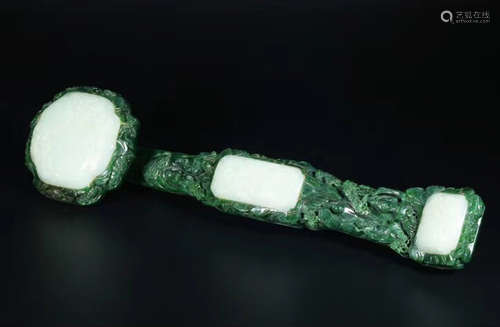 A PEACH PATTERN HETIAN GREEN JADE RUYI