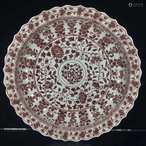 14-16TH CENTURY, A PEONY PATTERN UNDERGLAZE RED PLATE , MING DYNASTY