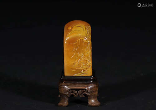 A HAND-CARVED LANDSCAPE&FIGURE PATTERN SHOUSHAN FIELD YELLOW STONE SEAL