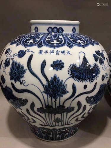 A BLUE&WHITE FISH AND ALGA PATTERN JAR