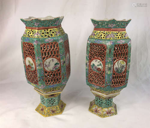 PAIR OF CHINESE PORCELAIN FAMILLER ROSE LANTERNS