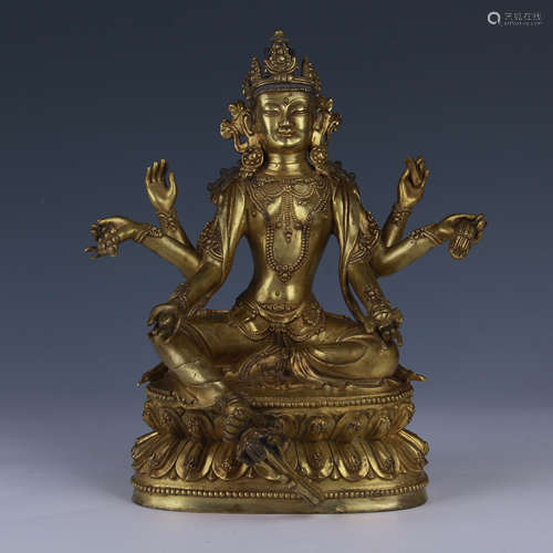 CHINESE GILT BRONZE SEATED EIGHT ARM GUANYIN