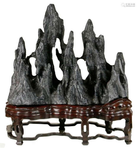 CHINESE LINGBI STONE MOUNTAIN SCHOLAR'S ROCK WITH ROSEWOOD STAND