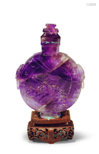 清 紫晶双兽耳莲花纹盖瓶