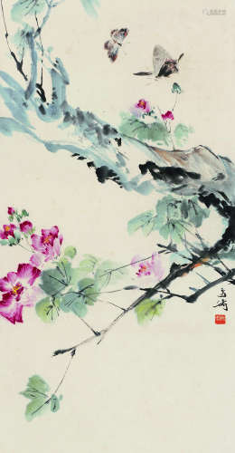 王雪涛（1903～1982） 芙蓉蝴蝶 镜片 设色纸本