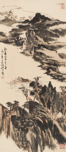 陆俨少（1909～1993） 山溪放舟 立轴 设色纸本