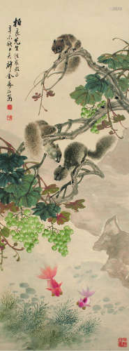 金梦石（1869～1952） 松鼠金鱼 立轴 设色纸本