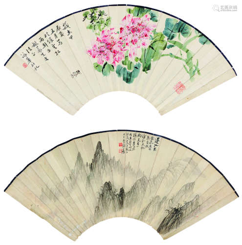 张大千 吴咏华（1899～1983） 芙蓉 山水 镜片 设色纸本