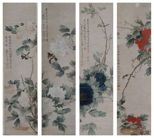 Set of 4 Chinese Paintings of Flowers & Birds