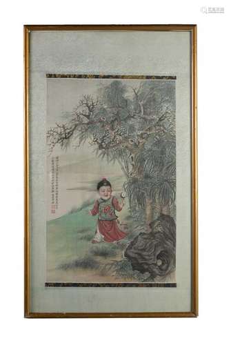 Chinese Painting of a Child on Silk by Zeng Houxi