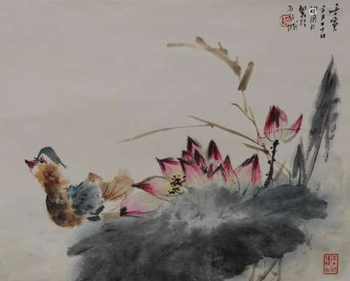 Chinese Painting of Mandarin Ducks by Hu Guoren