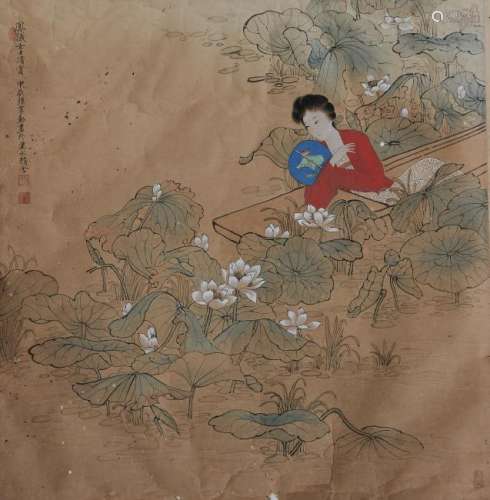 Chinese Lotus & Lady Painting by Sun Jiaqin