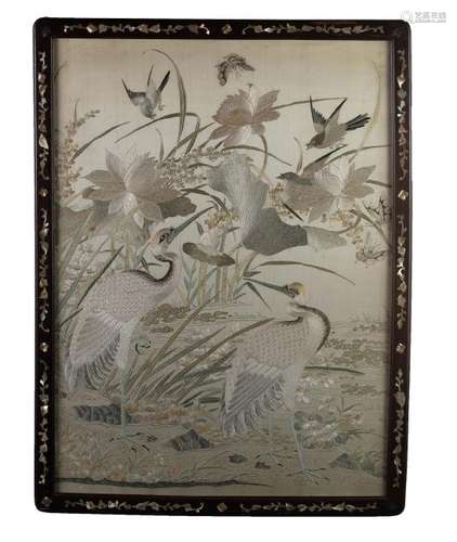 Cantonese Silk Embroidery of Cranes, 19th Century