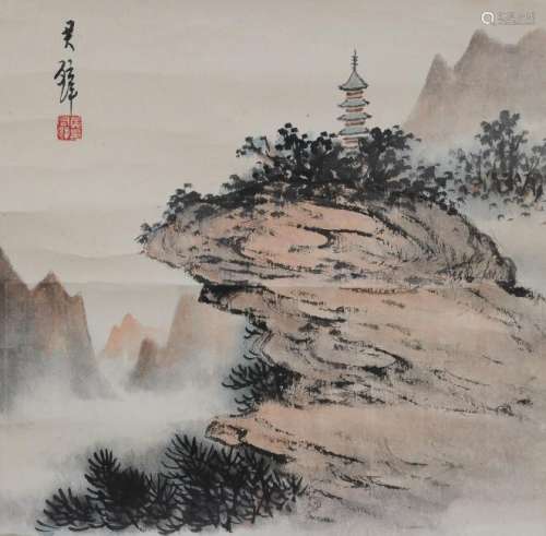 Square Chinese Landscape Painting by Huang Junbi