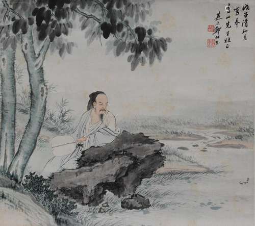 Chinese Painting of a Scholar by Zheng Mukang