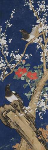 Chinese Blue Ground Painting of Birds by Xing Yifeng