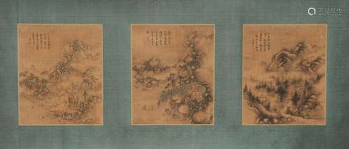 Set of 3 Chinese Landscape Paintings on Silk