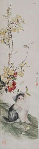 Chinese Painting of Cat and Flowers by Sun Jusheng