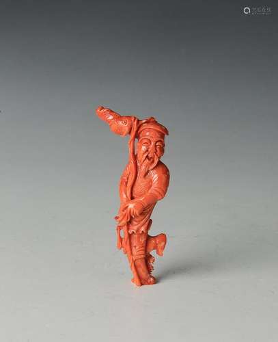 Chinese Coral Carving of a Fisherman, 20th Century