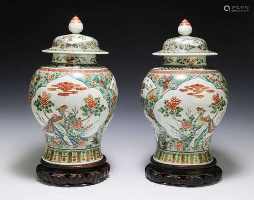 Pair of Famille Verte Covered Ginger Jars, 19th Century