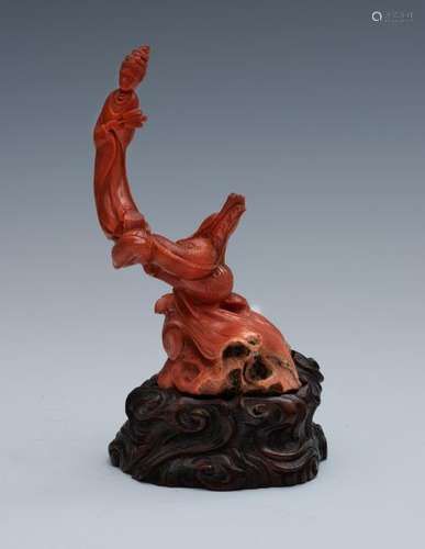 Chinese Coral Carving of a Woman w/ Stand, 19th Century