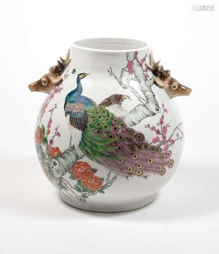 Chinese Porcelain Vase, Deer Heads 19th -20th Century