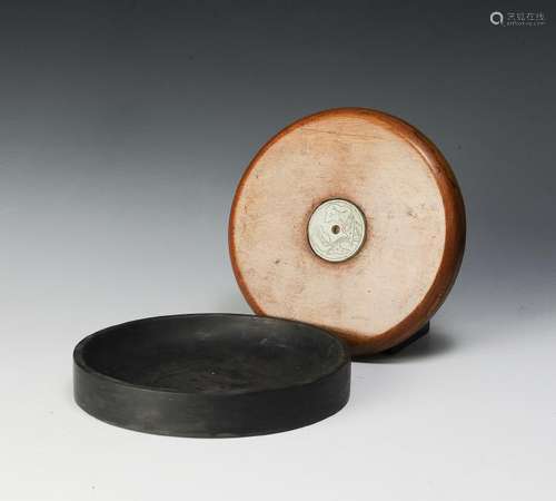 Chinese Ink Stone w/ Wooden Cover & Jade, 19th Century