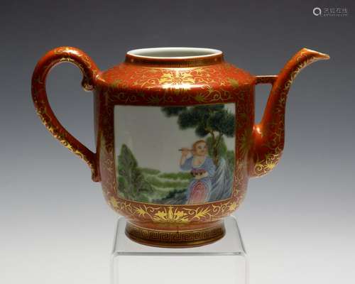 Chinese Falang Coral Ground Teapot Republic Period