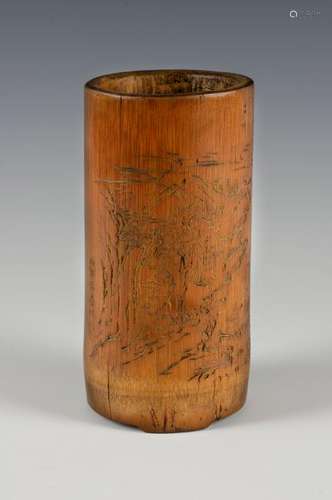 Chinese Bamboo Brush Pot Carved by Rong Zhishi