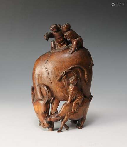 Chinese Bamboo Carving of Boys & Oxen, 18th Century