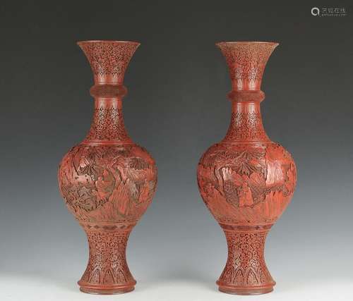 Chinese Pair of Cinnabar Vases, Late 19th Century