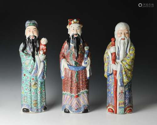 Chinese Famille Rose Fu, Lu, Shou Set, 19th Century