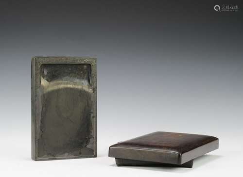 Chinese Ink Stone w/ Old Rosewood Box 19th-20th Century