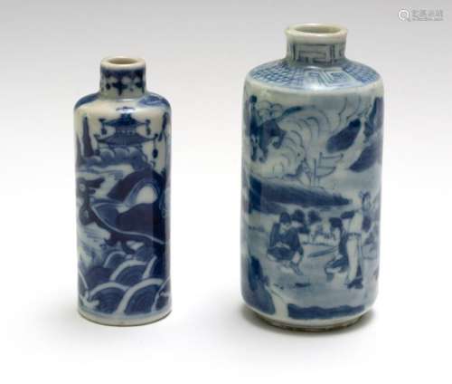 Two Blue & White Porcelain Snuff Bottles, 19th Century