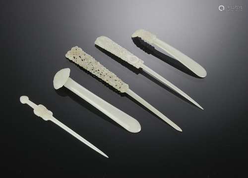 Group of 5 Chinese White Jade Hair Pins, 18-19th