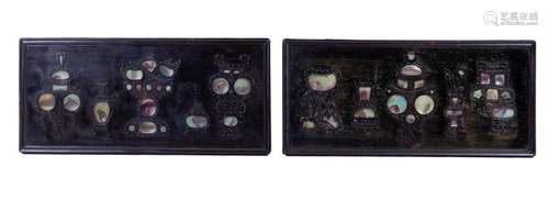 Chinese Pair of Wood Panels Inset w/ Jun Porcelain