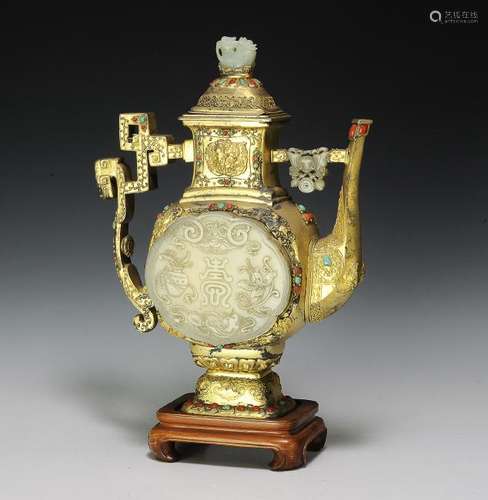 Chinese Gilt Silver Ewer with 18-19th Century Jade