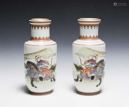 Pair of Chinese Famille Rose Vases of Mulan, 1950s