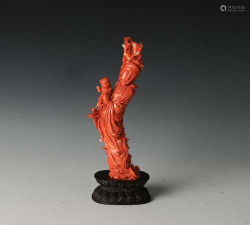 Coral Carving of Guanyin w/ Hongmu Stand, 19th Century