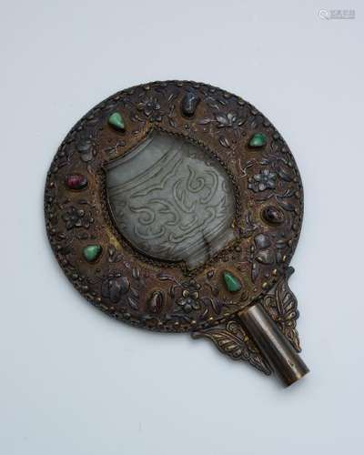 Chinese Silver Mirror w/ Jade Plaque, 19th Century