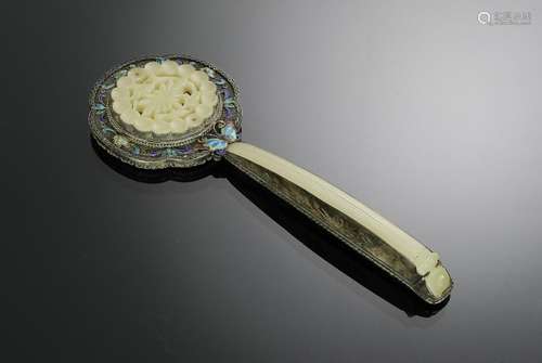 Chinese Enamel Mirror w/ Jade Plaque & Handle, 19th