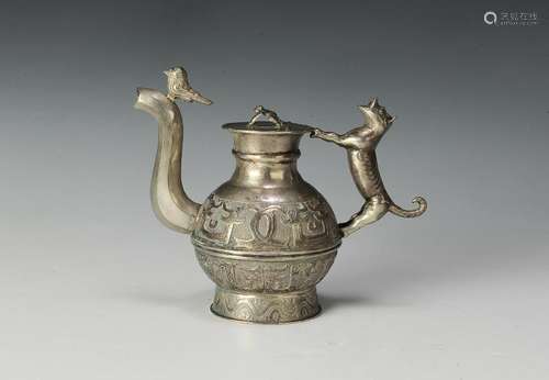 Chinese Silver Teapot w/ Animals, 19th Century