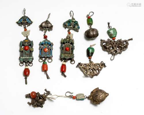 Group of 7 Chinese Metal Enameled Pendants