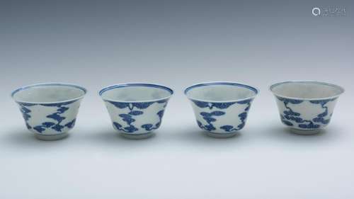 Chinese Set of 4 Blue & White Tea Cups, Late Qing