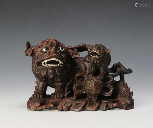 Chinese Carved Wood Guardian Lions, Early 20th Century